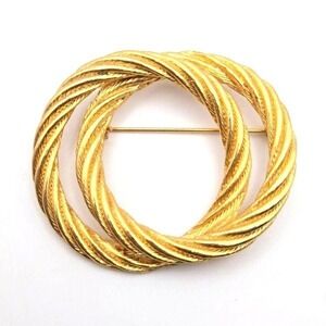 Vintage Gold Tone Double Intertwined Circles Twisted Rope Textured Brooch